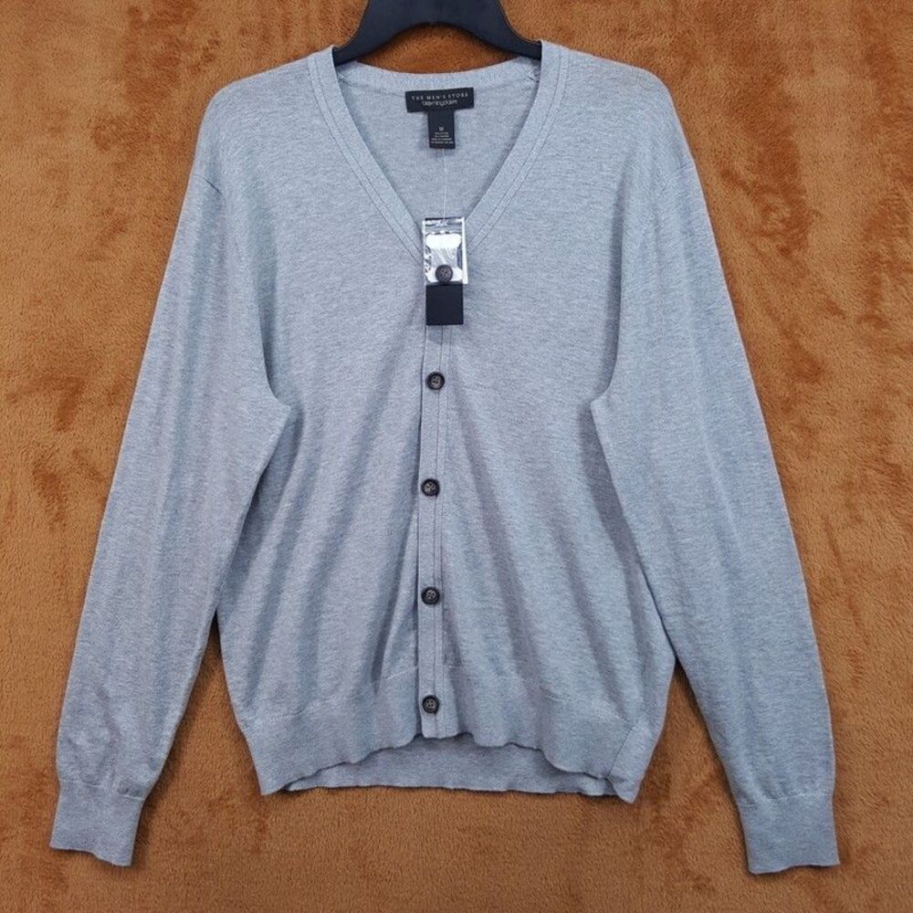 BLOOMINGDALES Sweater Mens Medium Grey Button Up Cardigan Cotton Cashmere